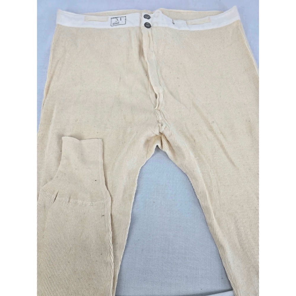 Vintage 1941 Military Issue Long Johns Cream Ribbed Thermal Pants WWII 36x31